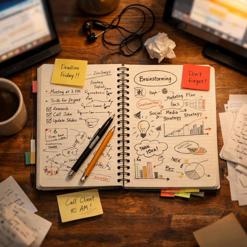 Open notebook with brainstorming notes, charts, and to-do list with pens and sticky notes around