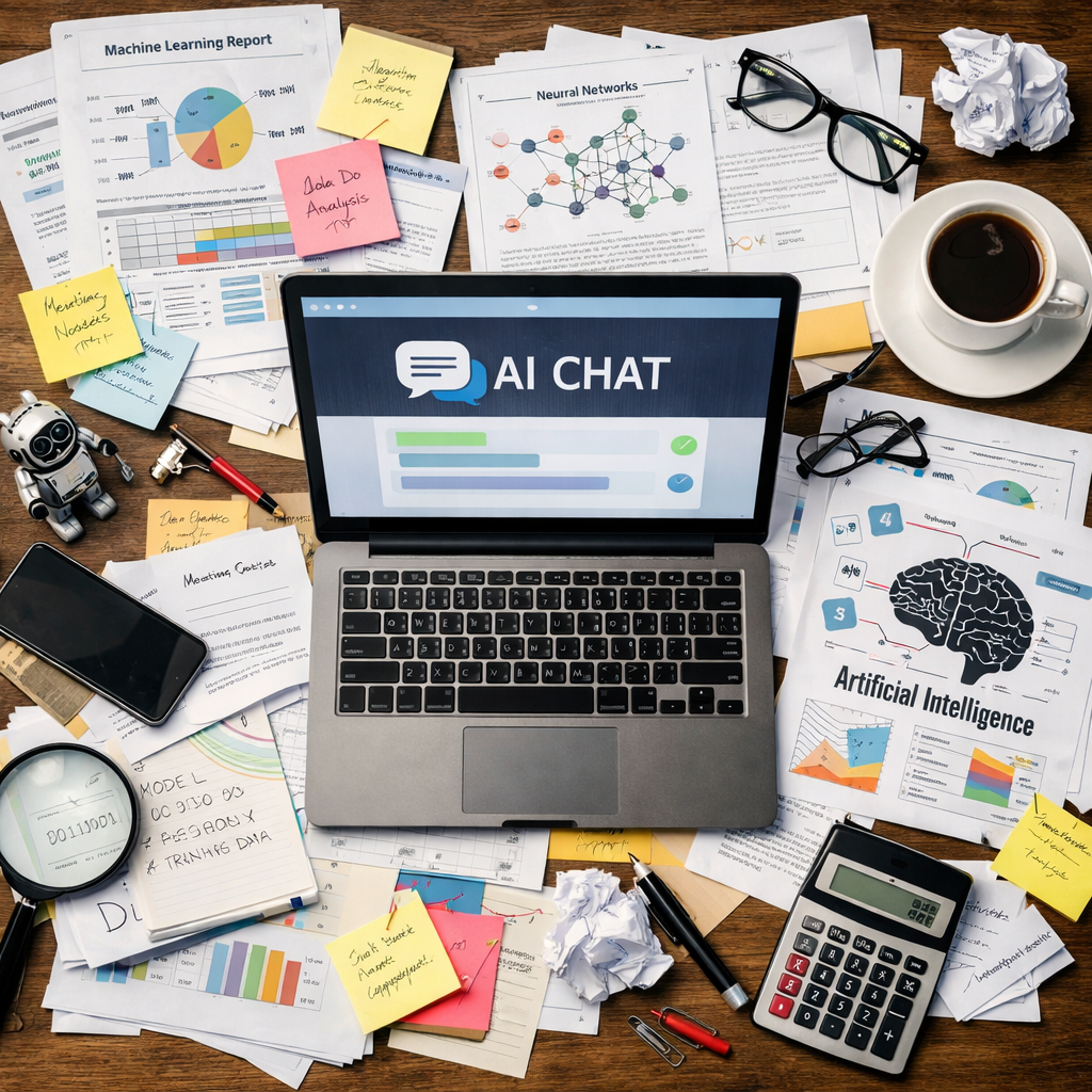 Laptop showing AI chat screen surrounded by neural network diagrams, charts, notebook, smartphone, glasses, coffee cup, and calculator